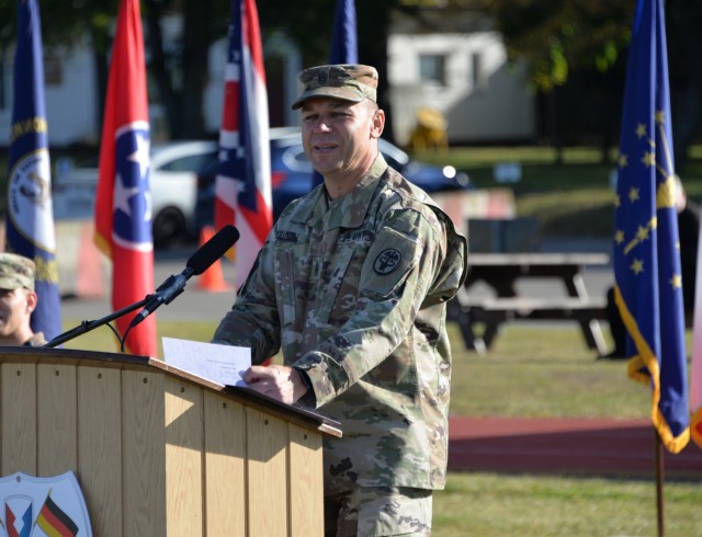 Command Sgt. Maj. Kyle Brunell of the U.S. Army regional Health Command-Europe, Sembach, speaks Friday at a farewell ceremony for the U.S. Army Medical Materiel Center–Europe. The ceremony formally marked the move of USAMMCE to Kaiserslautern Army Depot from Husterhoeh Kaserne, Pirmasens, its home since 1975. Brunell reminisced about his time a young private at the kaserne and praised the long-time linkage between the community and USAMMCE.