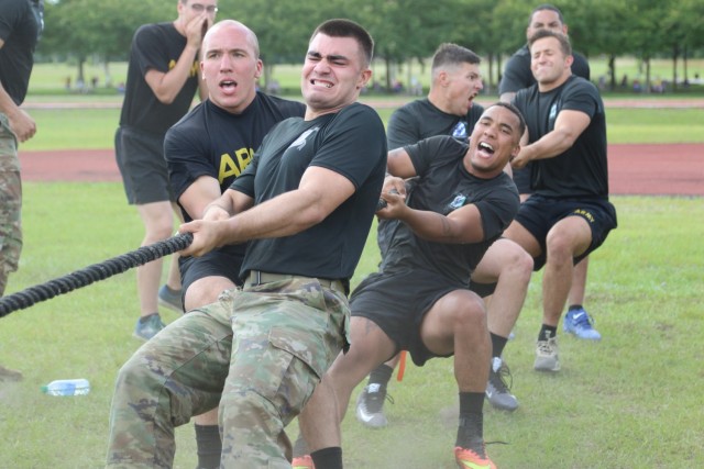 Soldiers assigned to 1st Battalion, 28th Infantry Regiment, 3rd Infantry Division, from Fort Benning, Georgia, compete in a tug-of-war event during Marne Week on Fort Stewart, Georgia, May 17, 2021. Marne week events, such as sporting...