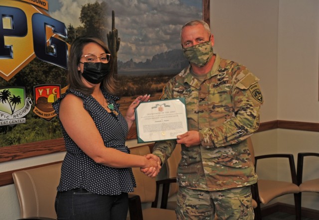 Yuma Proving Ground Commander Col. Patrick McFall presented Amanda Mantz with the Civilian Service Commendation Medal on Sept. 16. She was recognized for her work in a developmental assignment with The Army Test and Evaluation Command.