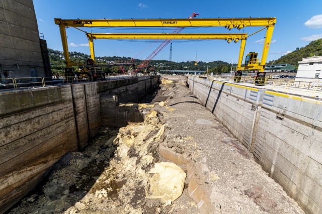 The Pittsburgh District recently finished building the new lock chamber walls and has emptied it of approximately 20 million gallons of water, a process called dewatering, to allow contractors to begin adding the mechanical inner works of the...