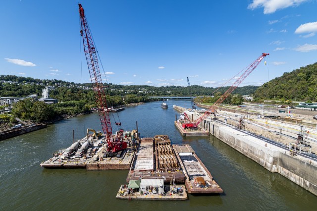 Multiple contractor fleets have been working for the U.S. Army Corps of Engineers Pittsburgh District on the construction project at Charleroi Locks and Dam on the lower Monongahela River in Pennsylvania, shown here Sept. 30, 2021. The Pittsburgh...