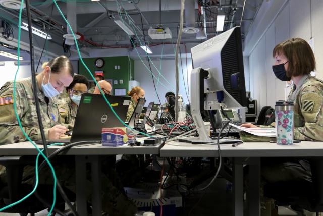 U.S. Army human resources and medical specialists and officers assigned to Headquarters and Headquarters Battalion, 3rd Infantry Division, participate in Warfighter 22-1 in the reserve command post on Fort Stewart, Georgia, Oct. 4, 2021. The WFX...