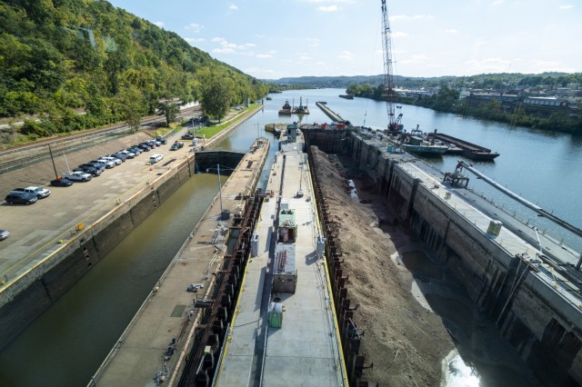 The new lock chamber (right) is emptied of water next to an older and smaller chamber at Charleroi Locks and Dam on the lower Monongahela River in Pennsylvania, Sept. 30, 2021. The U.S. Army Corps of Engineers Pittsburgh District recently finished...