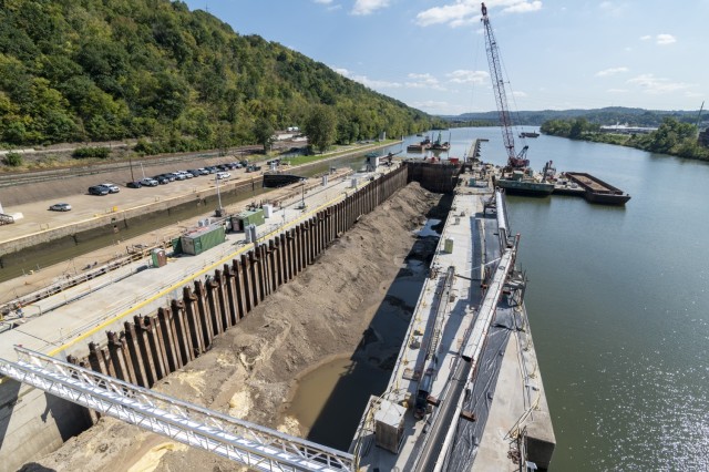 The new lock chamber is emptied of water at Charleroi Locks and Dam on the lower Monongahela River in Pennsylvania, Sept. 30, 2021. The U.S. Army Corps of Engineers Pittsburgh District recently finished building the new lock chamber walls and has...