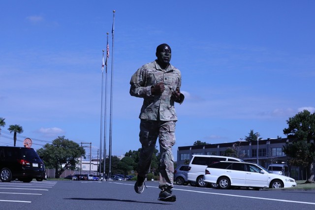 Spc. Gaya Gaya, assigned to 35th Combat Sustainment Support Battalion, competes in the 4-mile “combat run” portion of the unit’s first ever battalion-level “Best Warrior” competition Sept. 29 at Camp Zama, Japan.