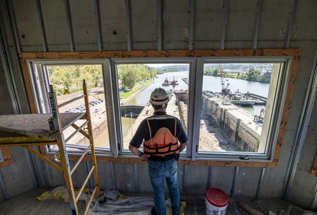 Kirk McWilliams, resident engineer for the U.S. Army Corps of Engineers Pittsburgh District, watches construction from the control tower at Charleroi Locks and Dam, located on the lower Monongahela River in Pennsylvania, Sept. 30, 2021. The...