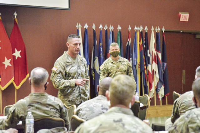 Brigadier General Charles Masaracchia, director, Mission Command Center of Excellence, U.S. Army Training and Doctrine Command, answers questions from Soldiers about Project Athena, a new Armywide professional development program, Aug. 13 during a leader professional development session hosted at Cole Park Commons Community Activities Center.