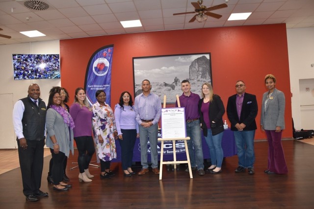 Those who were at the Domestic Violence Prevention Month proclamation signing were Jada Tarver, victim advocate, Carmen Arbogast, victim advocate, Briana Johnson, family advocacy program specialist, Helen Fakolujo, Army Volunteer Program Manager,...