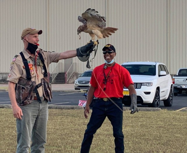 Col. Scott Preston, Tulsa District commander and leader of Scouts BSA troop 918 from Central Church of the Nazarene in Tulsa Oklahoma joined Greg Thompson, Tulsa District Knowledge Management specialist and general falconer during his presentation...