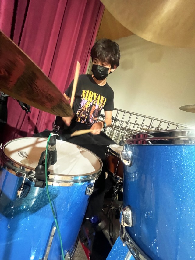 Josh Berryman, 15, plays drums during rehearsal for the Agape praise team at the Four Chaplains Memorial Chapel on Camp Humphreys, South Korea, Sept. 23. Josh began playing with the praise team in 2020. (U.S. Army Photo by Monica K. Guthrie)