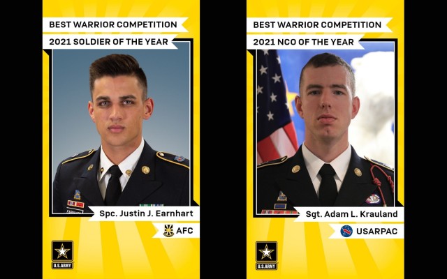 Spc. Justin Earnhart, who represented Army Futures Command, and Sgt. Adam Krauland, who represented U.S. Army Pacific, won the Soldier and NCO of the Year awards, respectively, during the 2021 Army Best Warrior Competition.