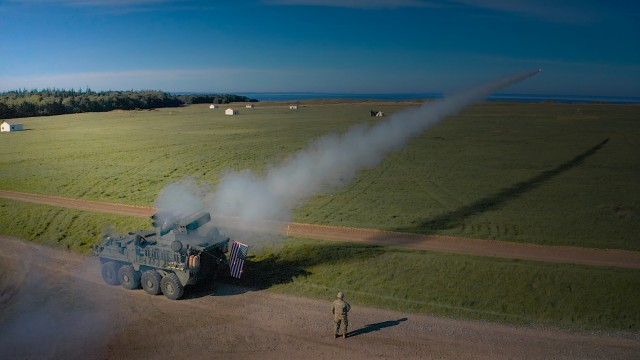A Stinger missile launches from the new Maneuver Short Range Air Defense system on Oct. 7, 2021. 5-4 ADAR became the first Army unit to live-fire M-SHORAD at the tactical unit level and the first-ever to live-fire the system in Europe. The week-long training took place at a Bundeswehr range on the Baltic Sea coast of Germany. (U.S. Army photo by Maj. Robert Fellingham)