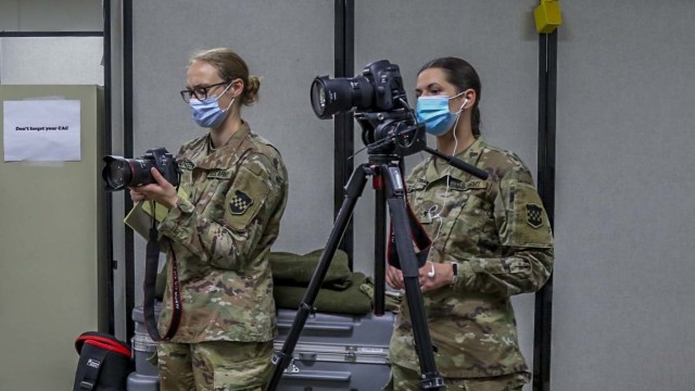 Sgt. Sarah Martens, 356th Broadcast Operations Detachment and Spc. Amanda Treible, 326th Mobile Public Affairs Detachment public affairs mass communications specialists, conduct an interview at Combat Support Training Exercise 78-21-04 on Aug. 13,...