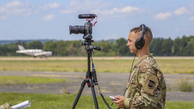 Staff Sgt. Dalton Smith, 354th Mobile Public Affairs Detachment public affairs mass communications noncommissioned officer, conducts and interview at Combat Support Training Exercise 78-21-04 on Aug. 12, 2021 at Fort McCoy, Wisconsin. CSTX will...