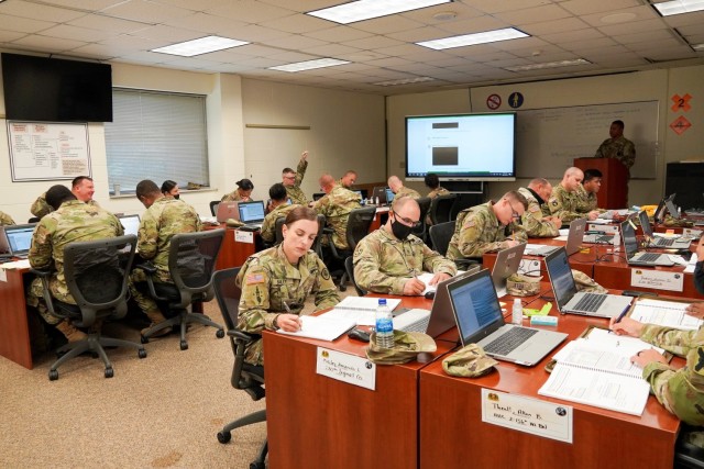 Students participate in the Unit Supply Specialist Senior Leaders Course on July 28, 2021, at Fort McCoy, Wis. Here, students were showing their knowledge after a block of instruction that led by Sgt. First Class Damian Mercado with the 79th...