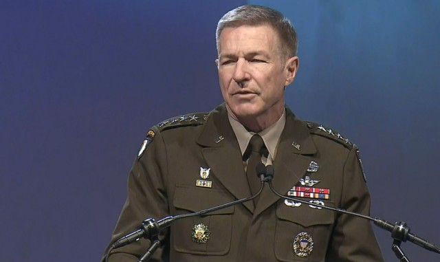 Gen. James C. McConville, the Army&#39;s chief of staff, speaks at the Association of the U.S. Army Annual Meeting and Exposition in Washington, D.C., Oct. 12, 2021.