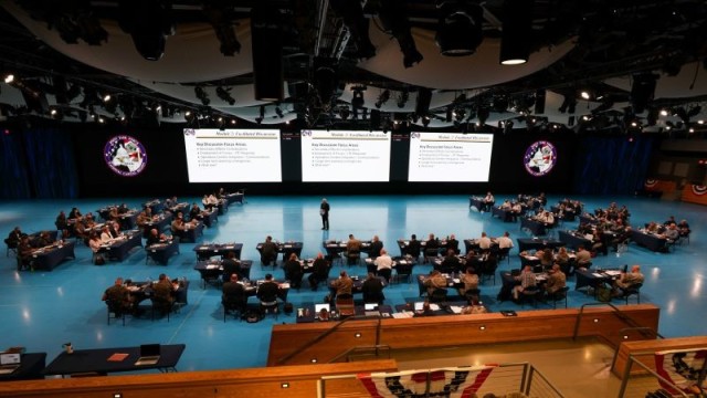 JOINT BASE MYER-HENDERSON HALL, Va. — Military and civilian leaders from the National Capital Region discuss simulated rapid response scenarios during a tabletop exercise at Joint Base Myer-Henderson Hall, Virginia, Sept. 17, 2021. Joint Task...