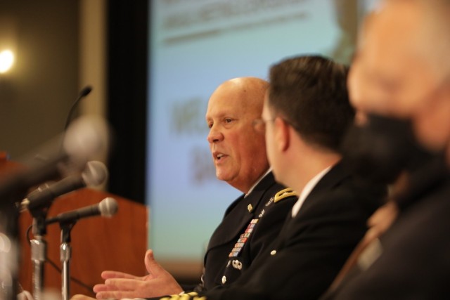 Lt. Gen. James M. Richardson of Army Futures Command discusses the aims of Project Convergence during an AUSA 2021 Contemporary Military Forum on Oct. 12. 