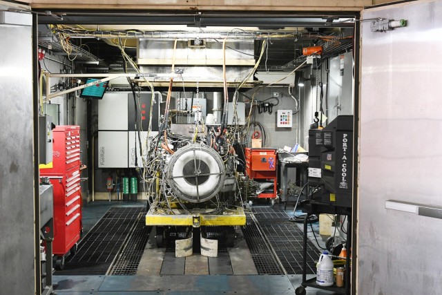 The automotive gas turbine 1500 engine rests on a test stand located in one of the test cells in the Directorate of Production&#39;s turbine engine shop at Anniston Army Depot.
