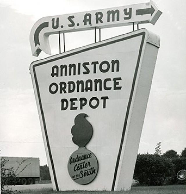 The entrance of the installation was marked with Anniston Ordnance Depot signage throughout the 1950s.