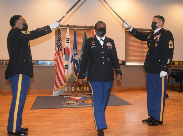 Master Sgt. Gaylynn Evans, brigade victim advocate, 403rd Army Field Support Brigade at her promotion ceremony to master sergeant Oct. 6, 2021.