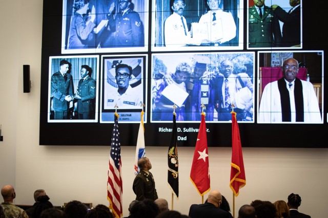 Brig. Gen. Ronald Sullivan, center, speaks about the influence his father, the Late Air Force Master Sergeant (Retired) Richard D. Sullivan, had on his career during his promotion ceremony Monday, October 4 at the National Museum of the United States Army.  

A graduate of Howard University and The University of Kansas, School of Law, Sullivan’s distinguished career spans over 28 years.  He will serve as the Chief Judge for U.S. Army Court of Criminal Appeals (Individual Mobilization Augmentee).