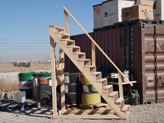 A team of 1022nd Engineer Company Soldiers in Iraq, led by Staff Sgt. Bryon Granderson, has been working on multiple vertical construction projects during their time at Erbil Air Base, Iraq, including Sun Shades, chairs and benches, platforms, and most recently, over a dozen sets of staircases.

The staircases that are being constructed will be used by units across the entire base, to include troops from the U.S. military, as well as the militaries of our coalition forces and partner nations.
