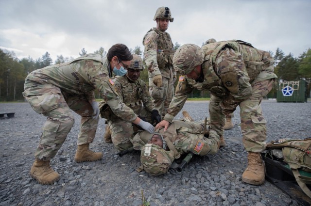GRAFENWOEHR, Germany – Soldiers from V Corps participated in a mass casualty training event as part of the Warfighter exercise 22-1 at the main command post at Grafenwoehr, Germany. The WFX 22-1 is V Corps' final certifying exercise in becoming the U.S. Army's fourth corps headquarters and America's forward deployed corps in Europe. (U.S. Army photos by Pfc. Devin Klecan/released)