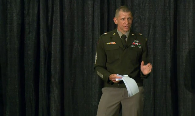 Sgt. Maj. of the Army Michael A. Grinston discusses his initiatives to an audience largely comprised of Soldiers at the at the Association of the U.S. Army Annual Meeting and Exposition in Washington, D.C., Oct. 13, 2021. 