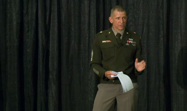 Sgt. Maj. of the Army Michael A. Grinston discusses his initiatives to an audience largely comprised of Soldiers at the at the Association of the U.S. Army Annual Meeting and Exposition in Washington, D.C., Oct. 13, 2021.