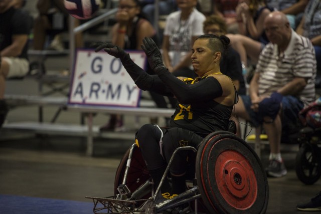 U.S. Army retired Staff Sgt. Joel Rodriguez competes in the indoor rugby event, June 26, 2019, at the Tampa Convention Center. The DoD Warrior Games are conducted June 21- 30, hosted by Special Operations Command, Tampa, Florida. It is an adaptive...