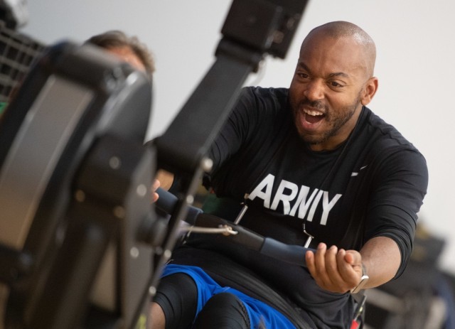 U.S. Army Spc. Brent Garlic pulls on the row machine handle during rowing practice, May 28, 2018, for the 2018 Department of Defense Warrior Games at the Air Force Academy in Colorado Springs, Colorado. The Warrior Games are an annual event, established in 2010, to introduce wounded, ill and injured service members to adaptive sports as a way to enhance their recovery and rehabilitation. (DoD photo by Mark Reis)
