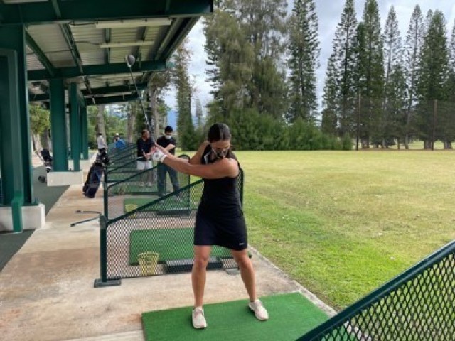 Capt. Kristina Gscheidle took a Golf Skills class at the Leilehua Golf Course in May. The Schofield Barracks Soldier Recovery Unit, Hawaii, offers the class. (Photo courtesy of Carol Hickman)