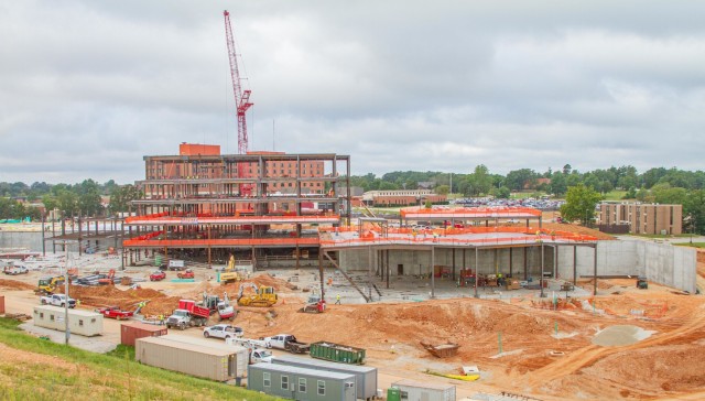 U.S. Army Corps of Engineers, Kansas City District staff and contractors work on constructing multiple sections of the new Fort Leonard Wood hospital on-site on Sept. 1, 2021. The Central Utility Plant (CUP) is pictured to the far right with the...