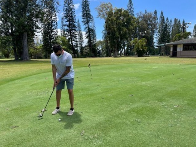 Sgt. William Rodriguez attended a Golf Skills class at the Leilehua Golf Course in May. The Schofield Barracks Soldier Recovery Unit, Hawaii, offers the class. (Photo courtesy of Carol Hickman)