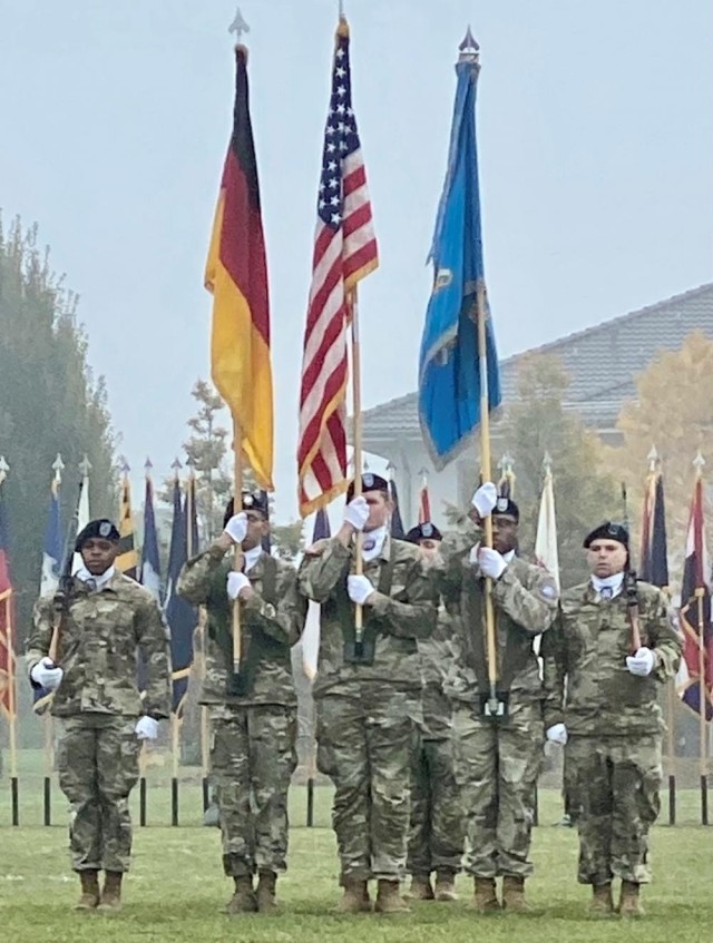 Soldiers from the 522nd Military Intelligence Battalion prepare for the casing of colors on Oct. 15, 2021 on Clay Kaserne in Wiesbaden, Germany.