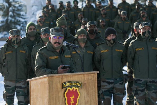Indian Army Brigadier Parag Nangare, exercise director and commander of 136 (I) Infantry Brigade Group speaks during an opening ceremony for exercise Yudh Abhyas 21 Oct., 15, 2021, at Joint Base Elmendorf-Richardson, Alaska. Approximately 350 Indian Army troops and 400 U.S. paratroopers will participate in the two-week training event and learn to work together in Alaska’s unique environment. (U.S. Army photo by Sgt. Christopher Dennis)