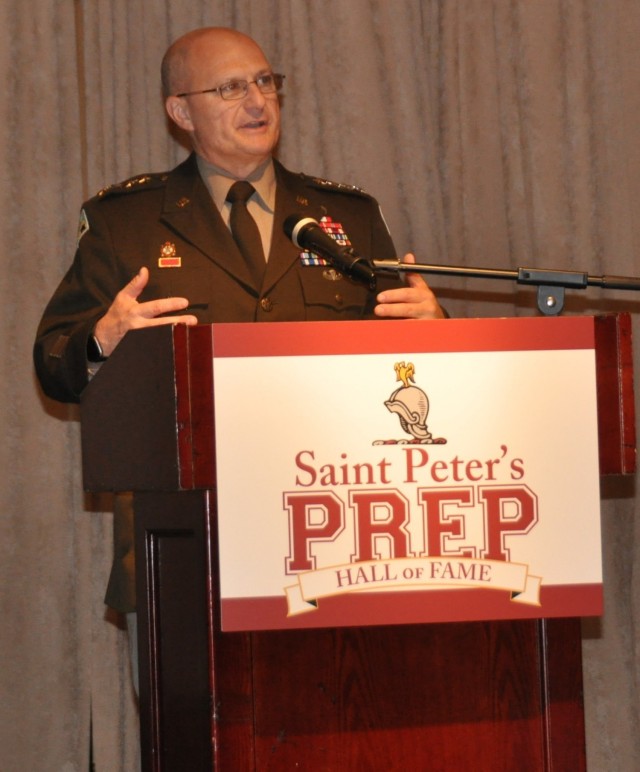 Gen. Ed Daly, commander of the Army Materiel Command, talks about the importance of his Jesuit education during his induction ceremony into the Saint Peter’s Preparatory School Hall of Fame Oct. 14.