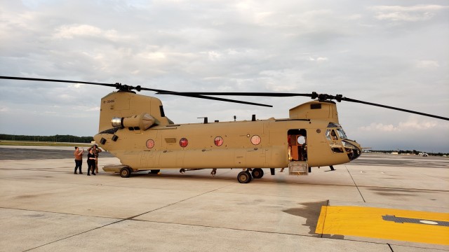 A CH-47 Chinook helicopters arrives at Dover Air Force Base in June. 