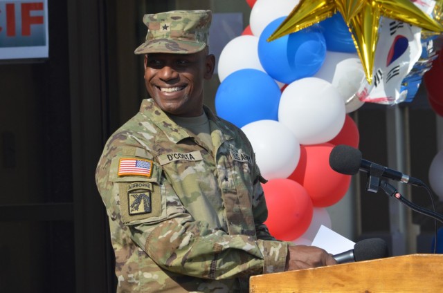 Brig. Gen. Joseph D’costa, deputy commanding general - sustainment, Eighth Army, shares a light moment during his remarks at the Army Field Support Battalion-Korea SPT060 complex grand opening and ribbon cutting ceremony at Camp Humphreys, South Korea, Oct. 14.