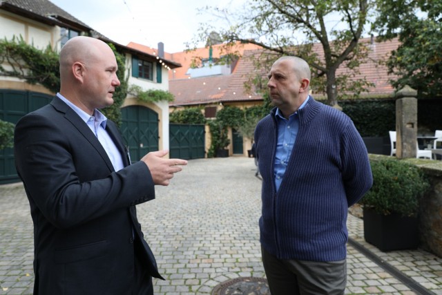 (l to r) NATO School Instructor, Maj. Derek Burke (USA) and Lt. Col Csaba Holman (Hungary), joined nearly 40 host nation support professionals representing 15 nations attending the National Territorial Commanders Committee meeting in Deidesheim,...