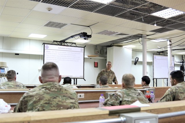 Chief Warrant Officer 4 Douglas Montgomery teaches a counter-unmanned aerial systems (CUAS) course at Camp Buehring, Kuwait.