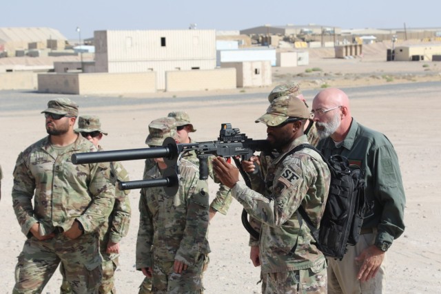 Staff Sgt. Daniel Butts, with the 386th Expeditionary Security Forces Squadron, trains with a Drone Defender counter-unmanned aerial system (CUAS) at Camp Buehring, Kuwait.