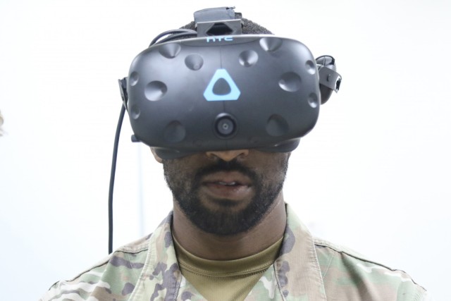 Staff Sgt. Daniel Butts, with the 386th Expeditionary Security Forces Squadron, trains with a SPECTRE Virtual Reality Trainer during a counter-unmanned aerial system (CUAS) course at Camp Buehring, Kuwait.