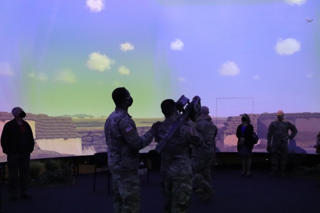 The Stinger team of gunner and team leader identify friendly or foe aircraft before deciding whether to fire the Stinger Missile in the Stinger Training Dome, Oct. 12, 2021, at Patterson Hall after the ribbon-cutting ceremony for the newly rebuilt...