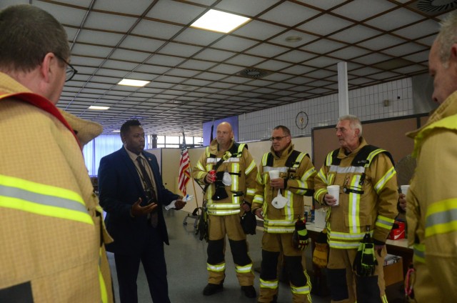 U.S. Army Garrison Rheinland-Pfalz Deputy Director of Emergency Services Terry Dunlap thanks Germersheim city firefighters for their continued mutual support.