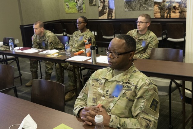 Attendees at the First Army Chaplain Corps OC/T Sustainment Training conference are equipped with the tools to better execute their mission during a session in the Pershing Conference Room of First Army headquarters on Rock Island Arsenal, Ill. 