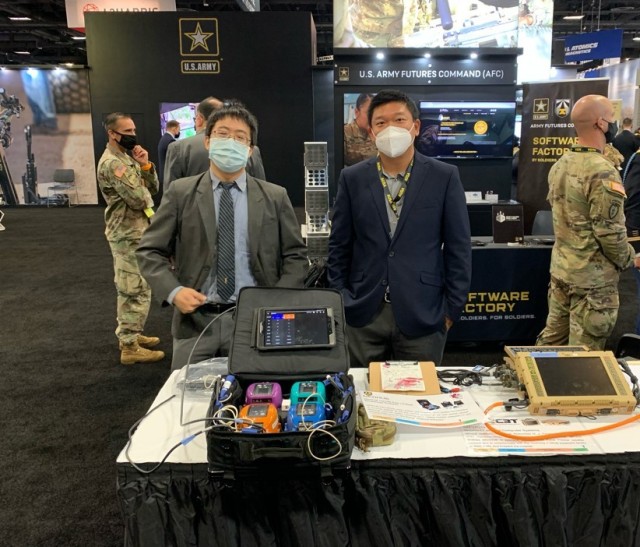 Representatives from the USAMRDC’s U.S. Army Medical Materiel Development Activity promote the Medical Hands-free Unified Broadcast tool, an innovative communication platform developed to share patient information between medics and hospitals during medical evacuations, at the annual Association of the U.S. Army meeting in Washington, D.C., on October 13. 