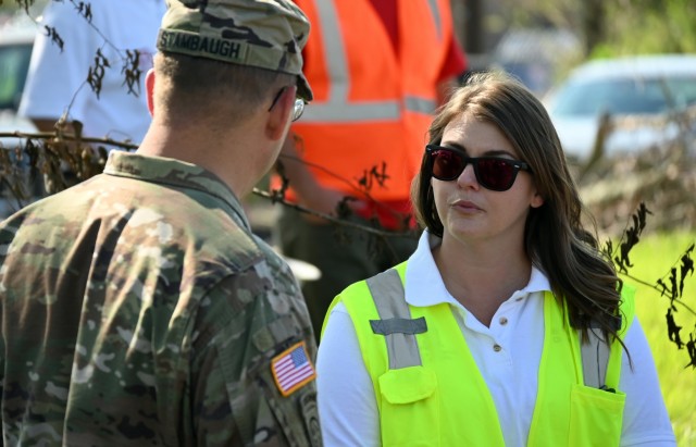 Lt. Col. Paul Stambaugh, left, U.S. Army Corps of Engineers, Louisville District project engineer and Hurricane Ida Operation Blue Roof officer in charge of the New Orleans office, and Sarah Futrell, U.S. Army Corps of Engineers, St. Louis...