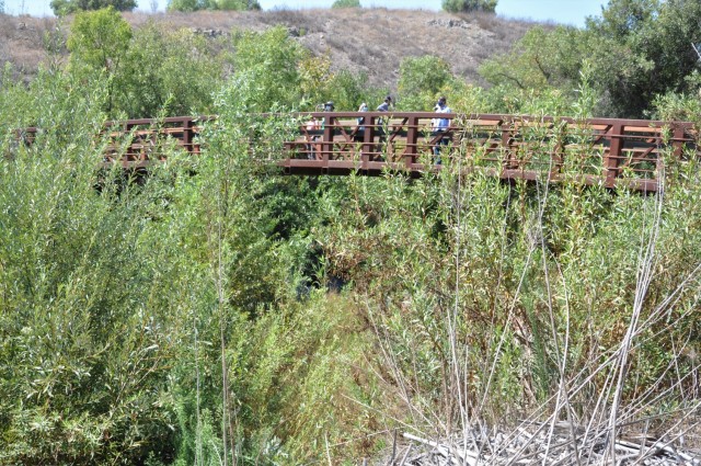 The team from U.S. Army Corps of Engineers Los Angeles District pause on a abridge, Sept .16, sspanning Aliso Creek near Laguna Beach, California. The tour of restored natural habitats was led by OCTA's environmental project manager, Leslie Hill, Restoring the riparian zone brought back numerous species of native birds the most diverse bird habitat in Orange County.